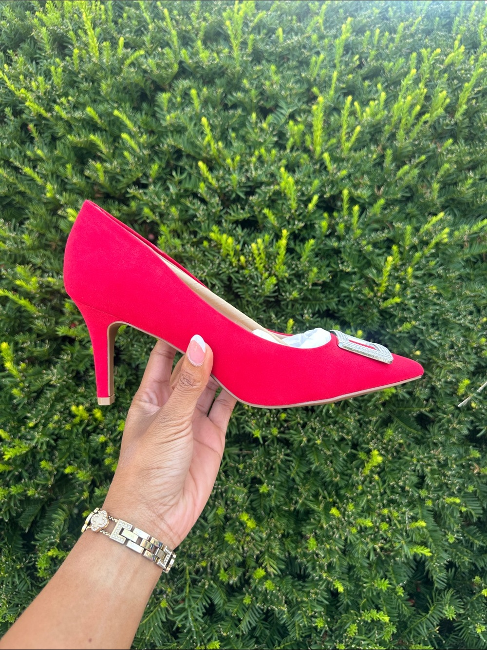 Alfani Red Satin Pointed Toe Mid Heel with Crystal Buckle
